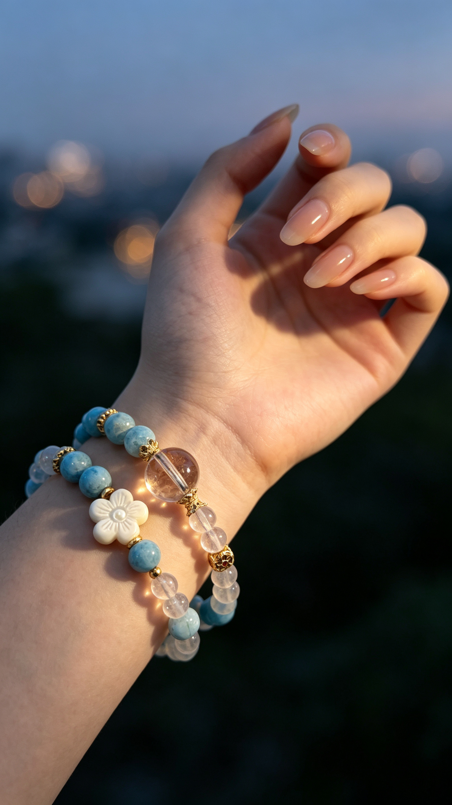 "Ocean Waves & Serene Order" — Premium Full-Pattern Larimar, Creamy Blue Moonstone & Clear Quartz Double-Loop Bracelet