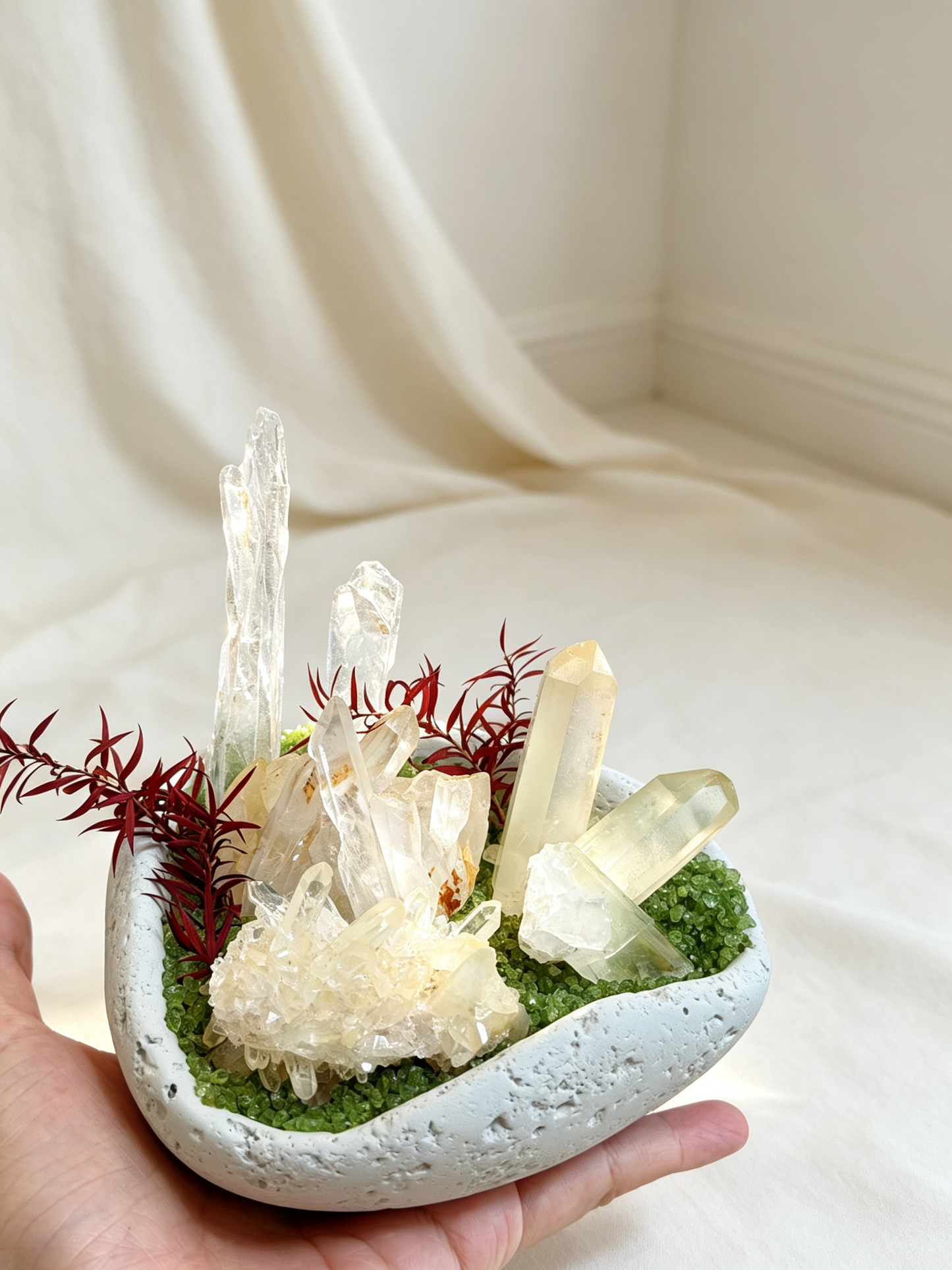 Bright Vessel Abundance Clear Quartz & Yellow Skin Quartz Mini Crystal Bonsai (One of A Kind)