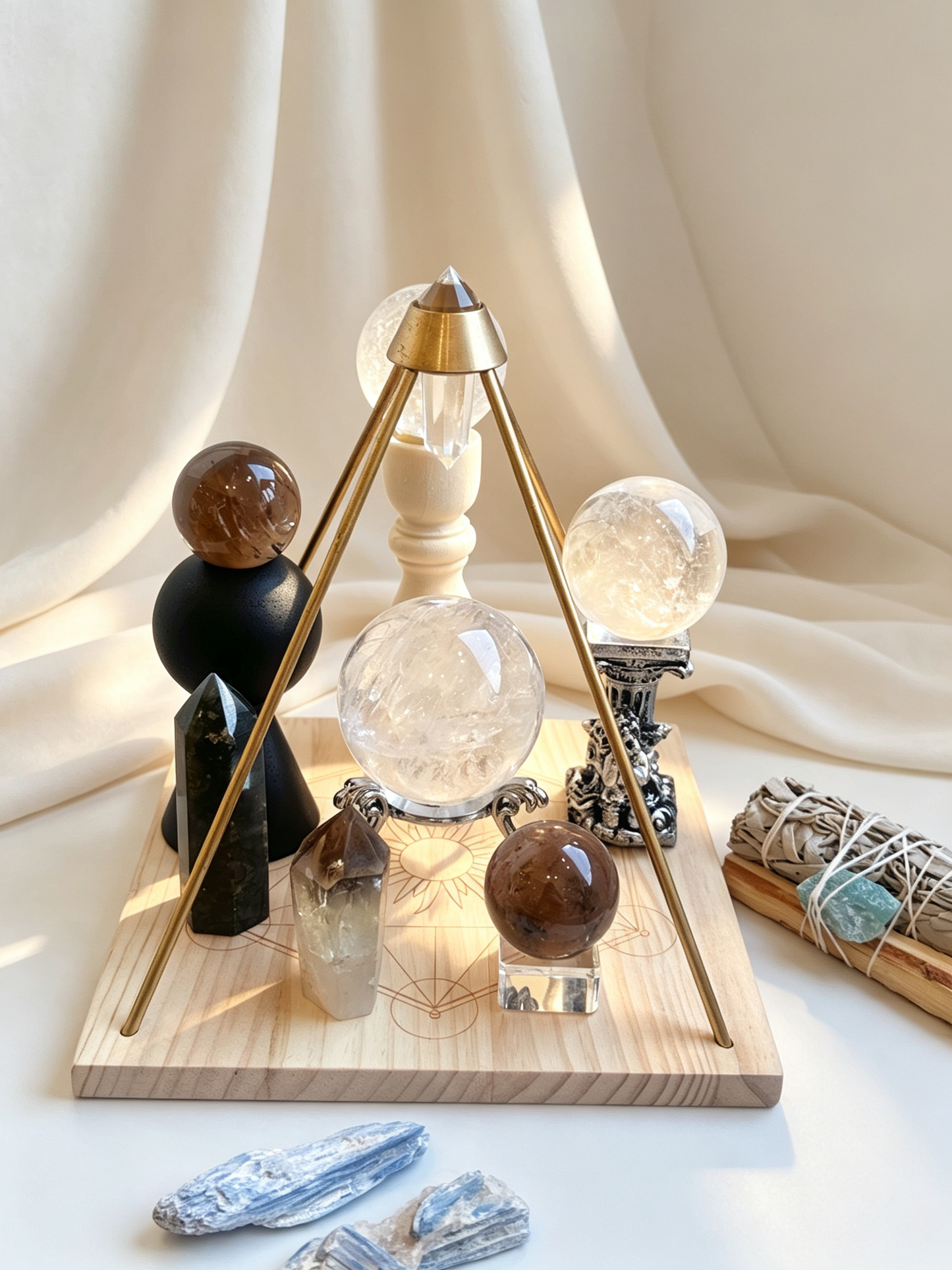 Clear Ground White Azeztulite & Smoky Quartz Crystal Grid