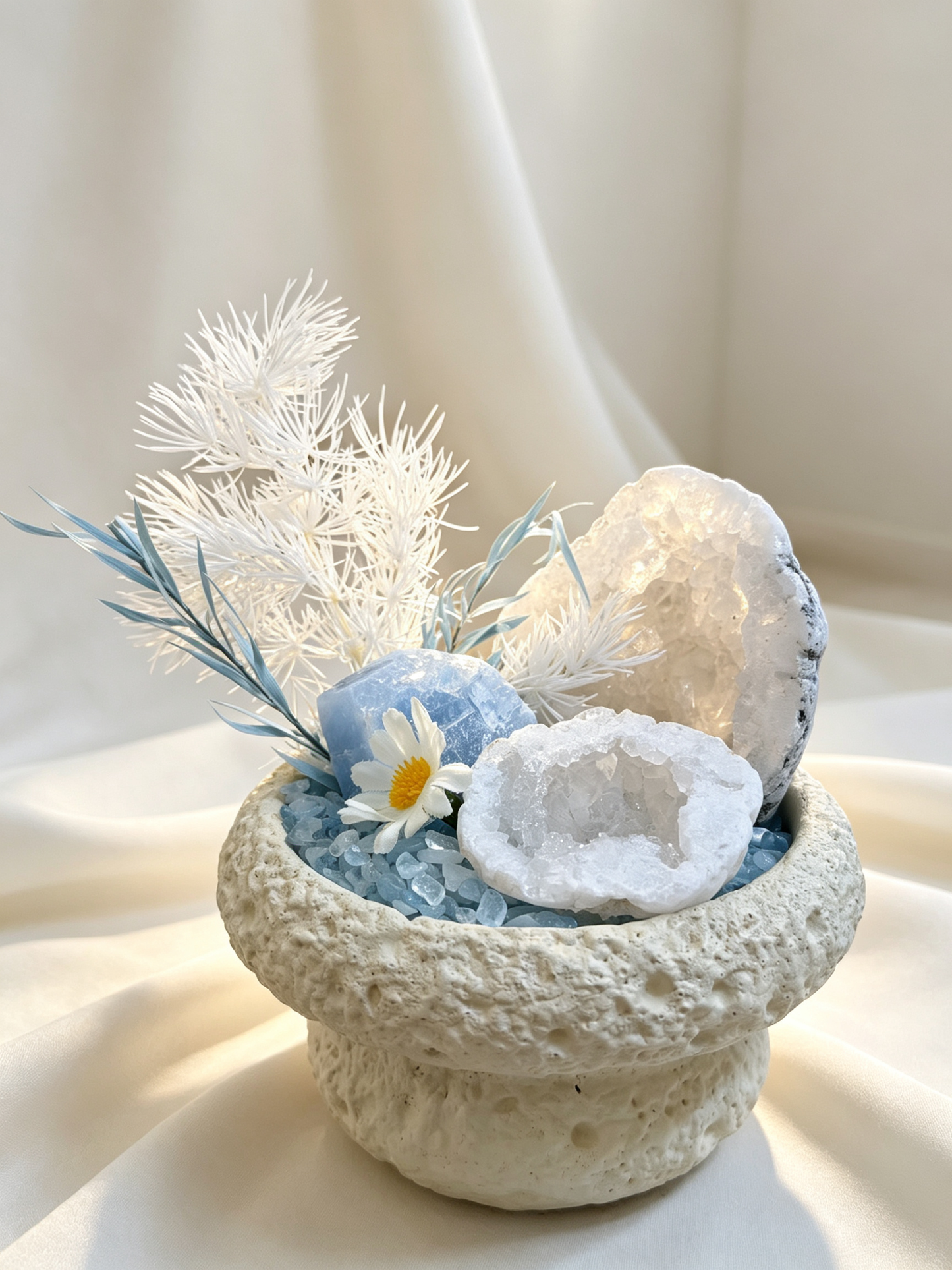 Tide Nest Clear Quartz Geode & Aquamarine Calming Crystal Garden