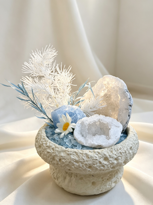 Tide Nest Clear Quartz Geode & Aquamarine Calming Crystal Garden