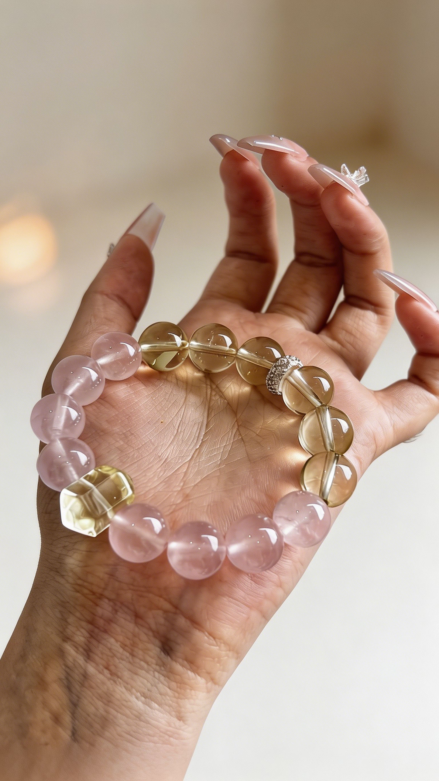 "Peach Mist & Golden Ripples" — Premium Morgan Pink Quartz & Faceted Lemon Quartz Luxury Bracelet
