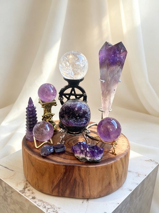 Purple Hollow Amethyst & Azeztulite Crystal Grid Set
