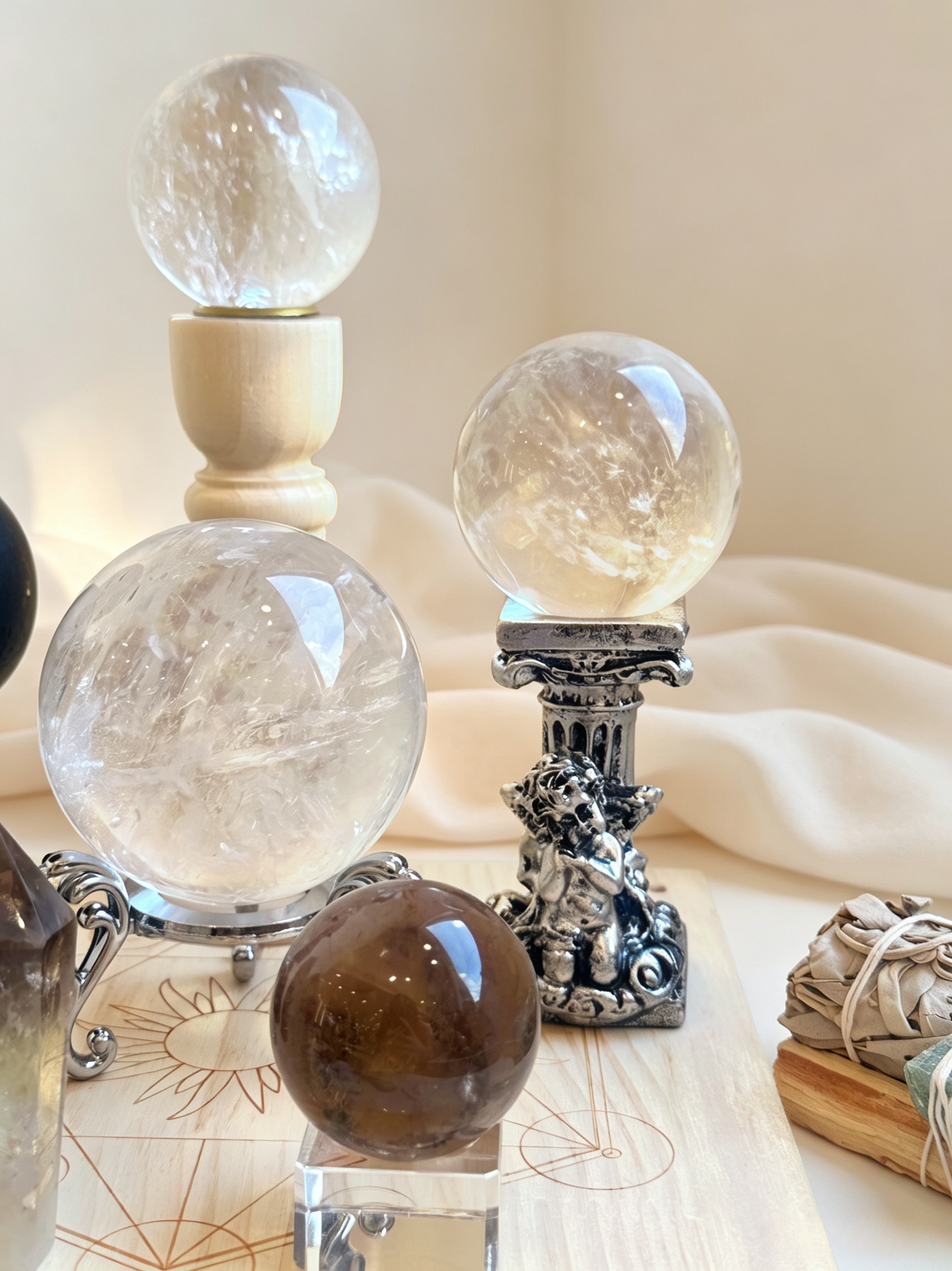 Clear Ground White Azeztulite & Smoky Quartz Crystal Grid