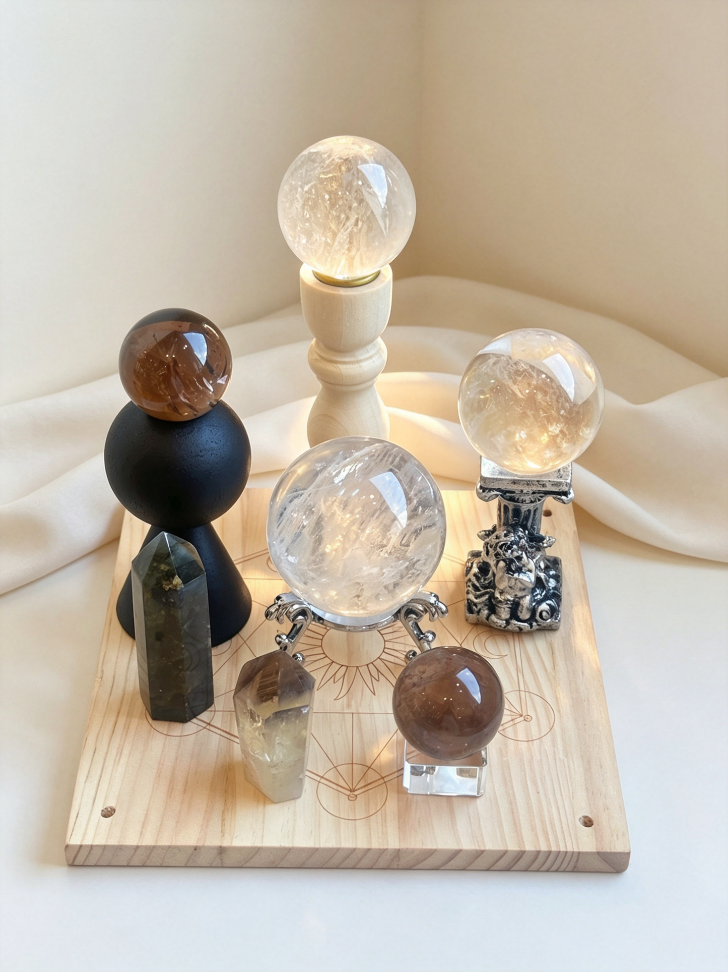 Clear Ground White Azeztulite & Smoky Quartz Crystal Grid