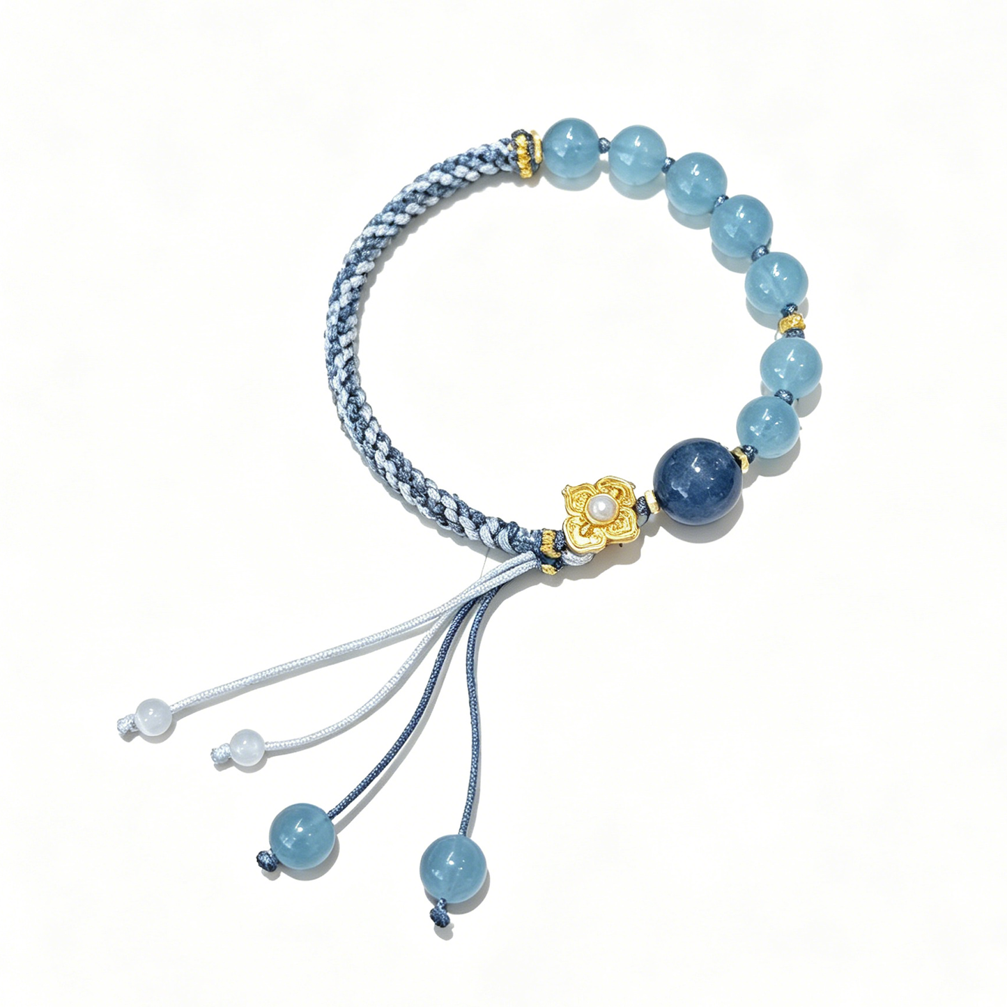 "Deep Ocean Sanctuary" — Premium Deep Aquamarine & Hetian Jade Hand-Woven Cord Bracelet