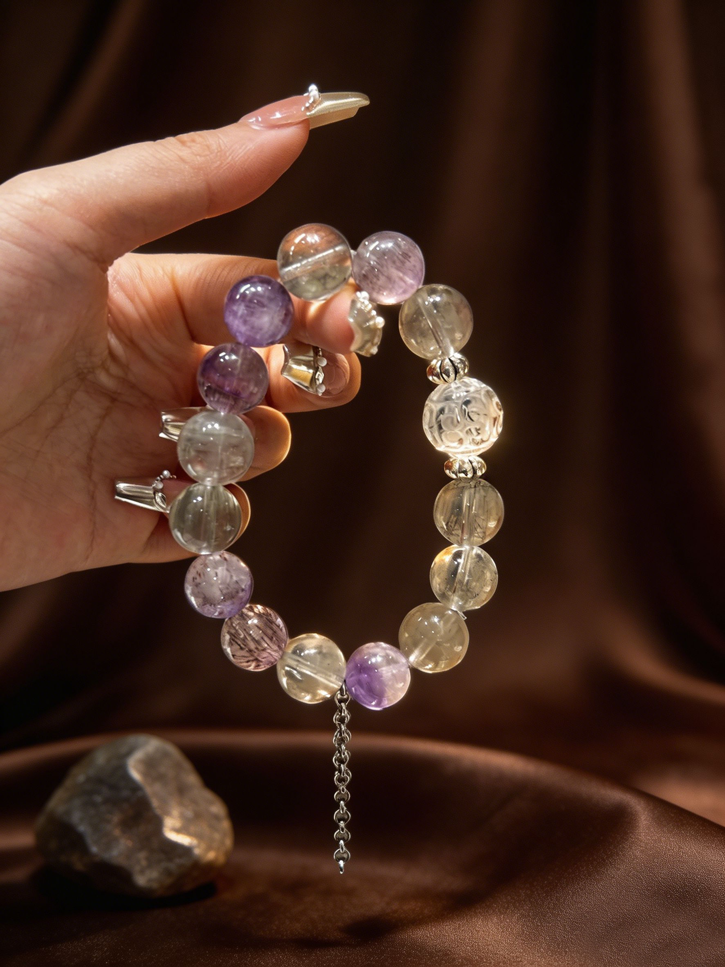 "Mist Island Serenity" — Premium Gray Rutilated Super Seven & Clear Quartz Multi-Gem Bracelet image 4