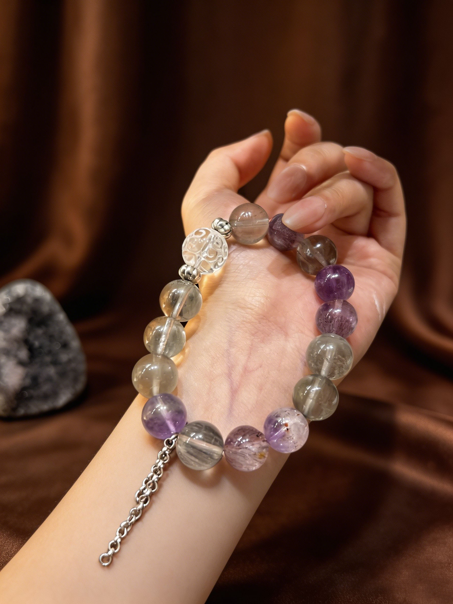 "Mist Island Serenity" — Premium Gray Rutilated Super Seven & Clear Quartz Multi-Gem Bracelet image 5