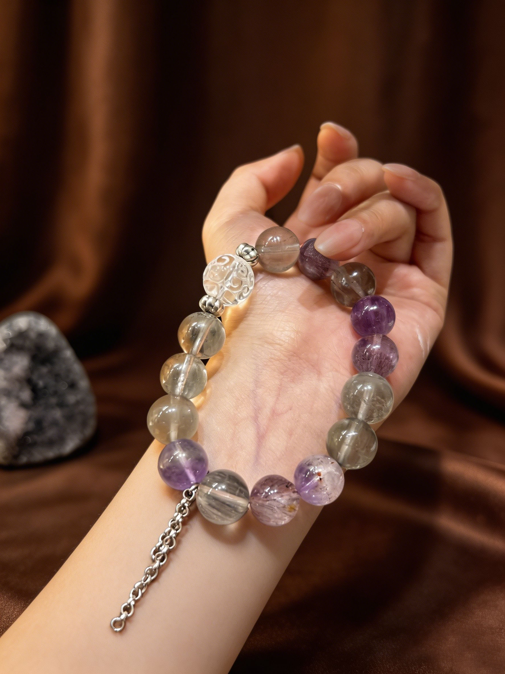 "Mist Island Serenity" — Premium Gray Rutilated Super Seven & Clear Quartz Multi-Gem Bracelet image 5