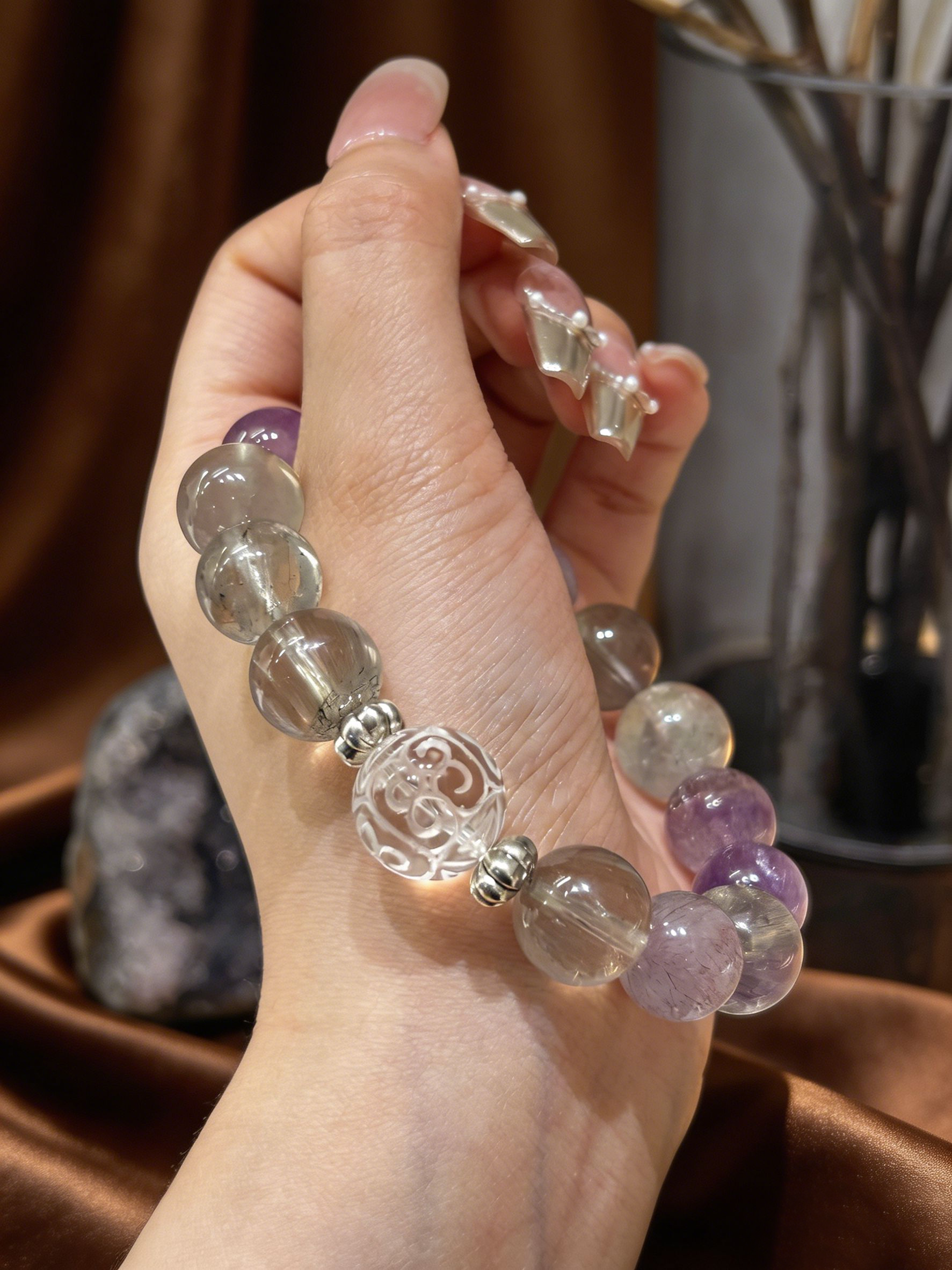 "Mist Island Serenity" — Premium Gray Rutilated Super Seven & Clear Quartz Multi-Gem Bracelet image 7