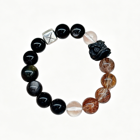 "Obsidian Lion's Vigil" — Premium Gold Obsidian, Silver Obsidian & Clear Quartz Fortune Bracelet image 1