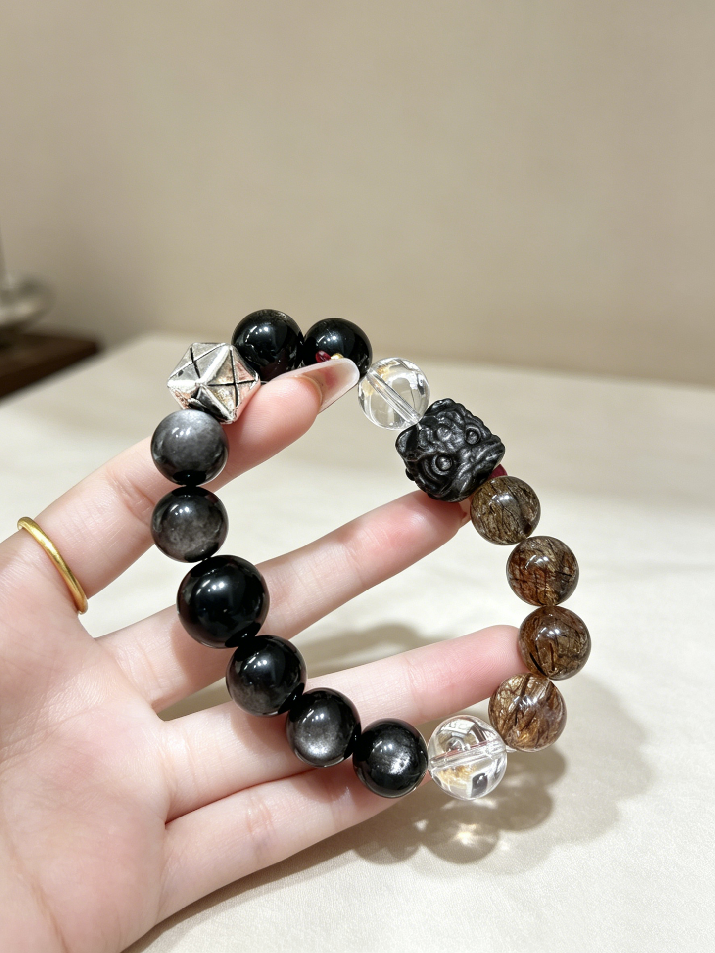 "Obsidian Lion's Vigil" — Premium Gold Obsidian, Silver Obsidian & Clear Quartz Fortune Bracelet image 2