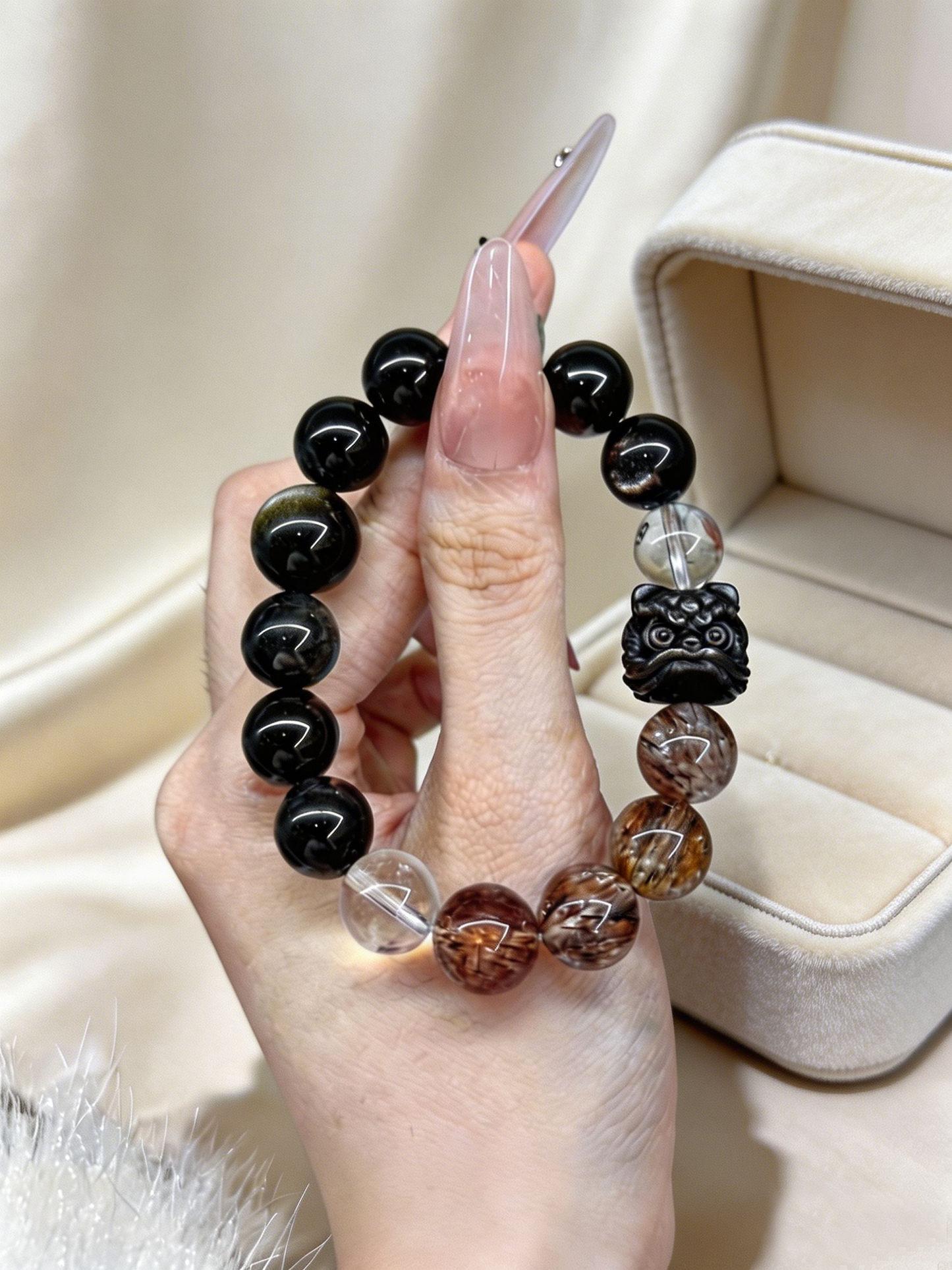 "Obsidian Lion's Vigil" — Premium Gold Obsidian, Silver Obsidian & Clear Quartz Fortune Bracelet image 5