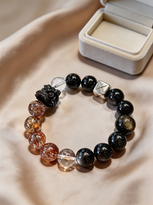 "Obsidian Lion's Vigil" — Premium Gold Obsidian, Silver Obsidian & Clear Quartz Fortune Bracelet image 7