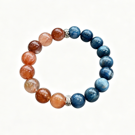 "Crimson Flame & Ocean Plume" — Premium Red Hematoid Quartz & Kyanite Balanced Single-Loop Bracelet